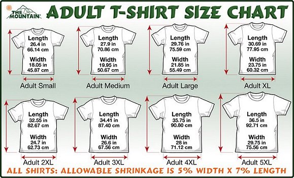 Size Chart for 'The Mountain' Shirts