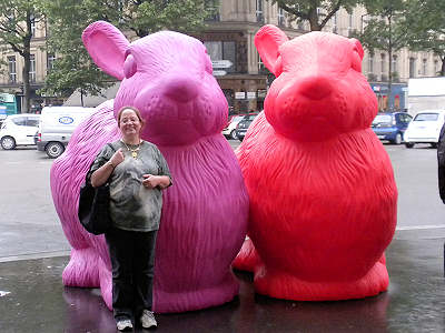 Patty and the giant plastic rabbits in the fashion disctrict